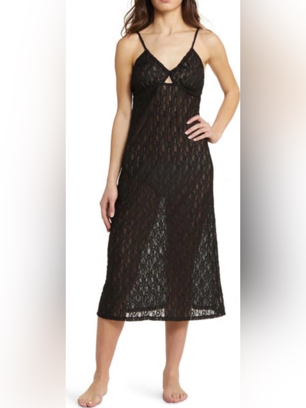 Open Edit Nightgown Slip Dress Size Small Black Cutout Lace Sheer Stretch Fairy